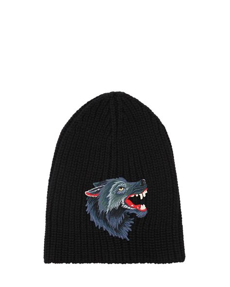 GUCCI Wool Wolf Embroidered Knit Beanie Hat M Black.